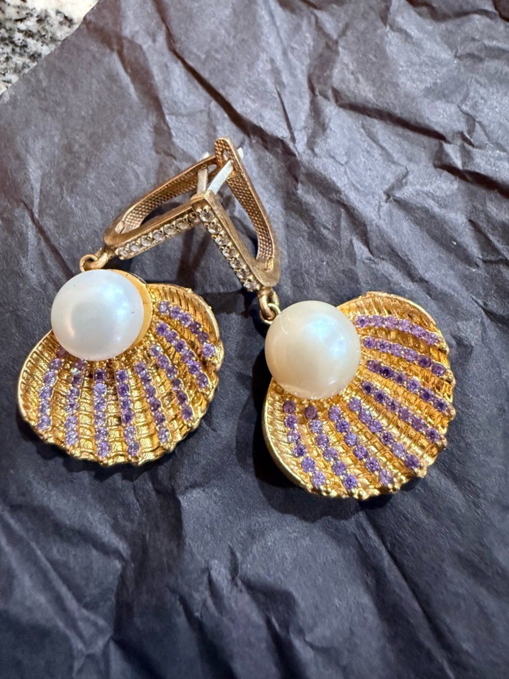 Gold Shell Pearl Drop Earrings with Purple Crystals - Unbranded